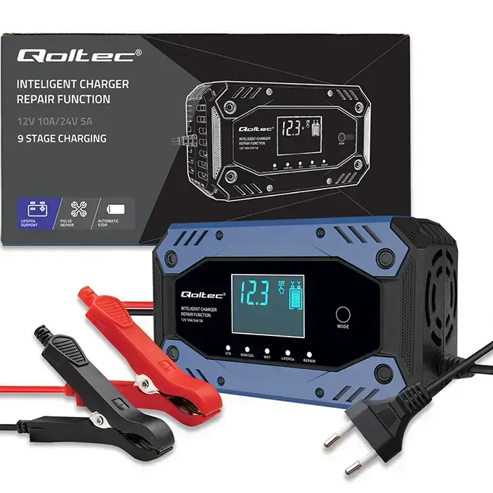 Qoltec Intelligent charger for STD AGM GEL LiFePO4 | Battery charger with repair function |12-24V |10A | LCD | 9 - stage charging Фото 10