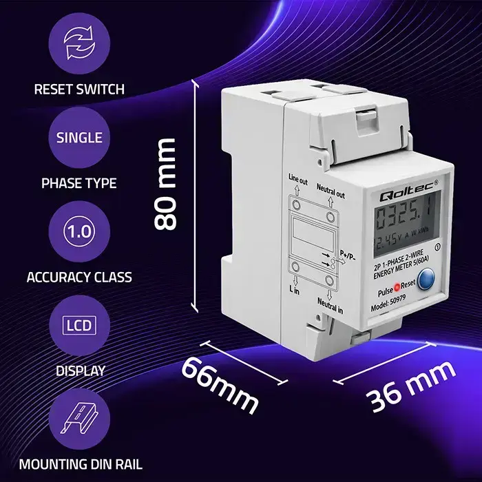 Qoltec Single-phase electronic energy consumption meter for DIN rail | RESET | periodic and continuous meter | 230V | 60A | LCD | LED | 2P Foto 2