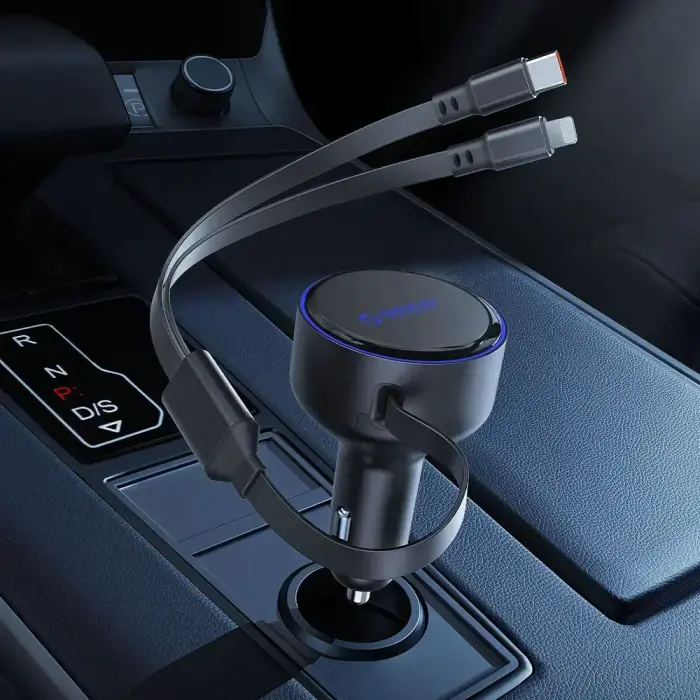 Orico Dual Stretch 60W USB-C Car Charger with Two Retractable USB-C + Lightning Cables - Black Foto 3