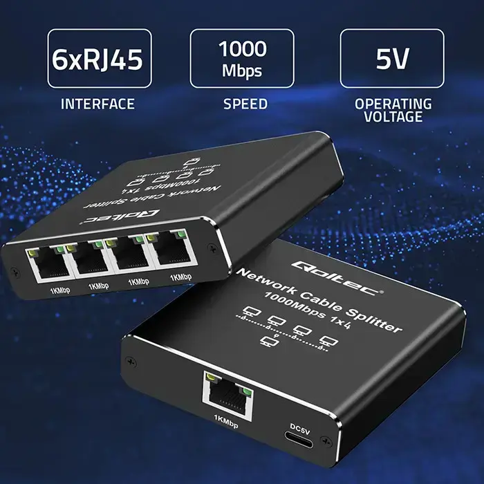 Qoltec Splitter Ethernet mini SWITCH 1x4 RJ45 | 1000Mb/s | USB-C | Aluminium Фото 5