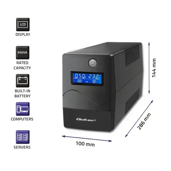 Qoltec Uninterruptible Power Supply UPS Line Interactive | Monolith | 650VA | 360W | LCD | USB | RJ45 Photo 4