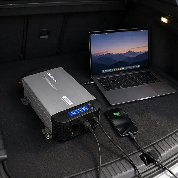 Qoltec Pure Sine Wave Inverter with UPS | 12V to 230V | 1000/2000W | LCD | USB | USB-C | Compatible with LiFePO4 GEL AGM  Photo 10