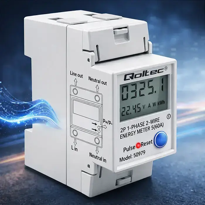 Qoltec Single-phase electronic energy consumption meter for DIN rail | RESET | periodic and continuous meter | 230V | 60A | LCD | LED | 2P Foto 5