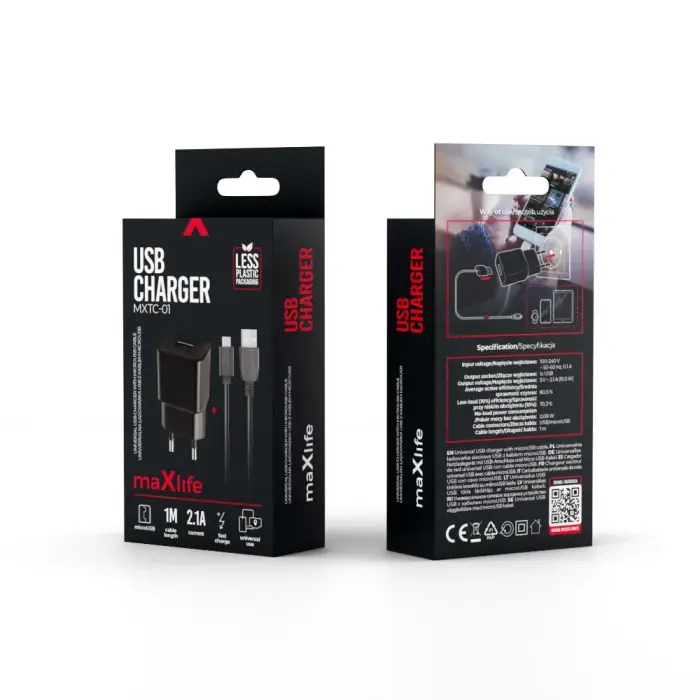 Maxlife MXTC-01 travel charger | 10W | USB-A | with Micro USB cable included | black Photo 5
