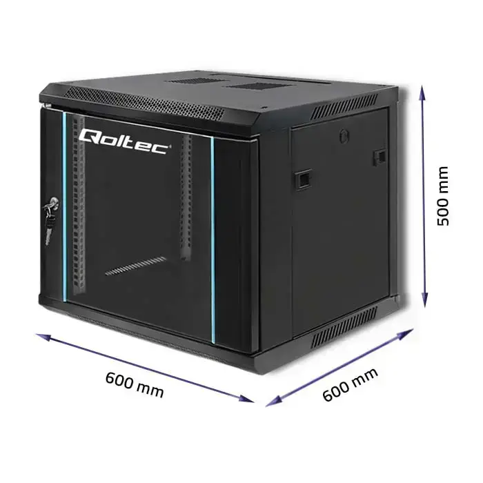 Qoltec RACK Cabinet 19" | 9U | 600 x 500 x 600 | Tempered doors | Hanging | Steel case | Lock | Black Photo 3