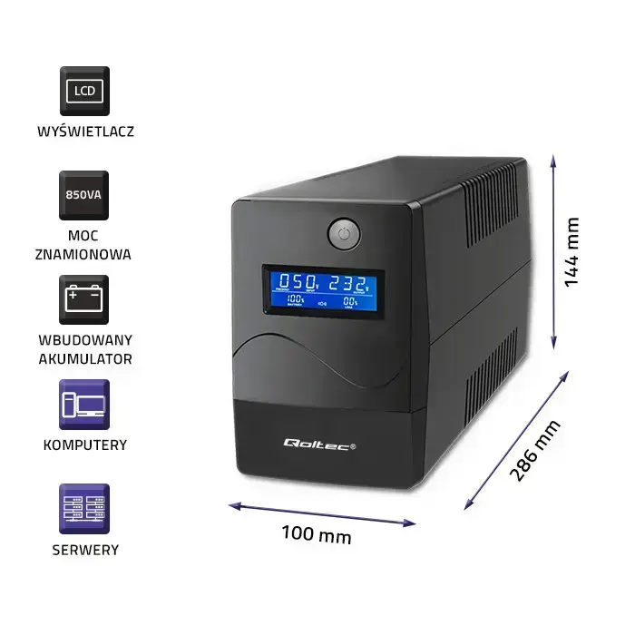 Qoltec Uninterruptible Power Supply UPS Line Interactive | Monolith| 850VA | 480W | LCD | USB | RJ45 Фото 4