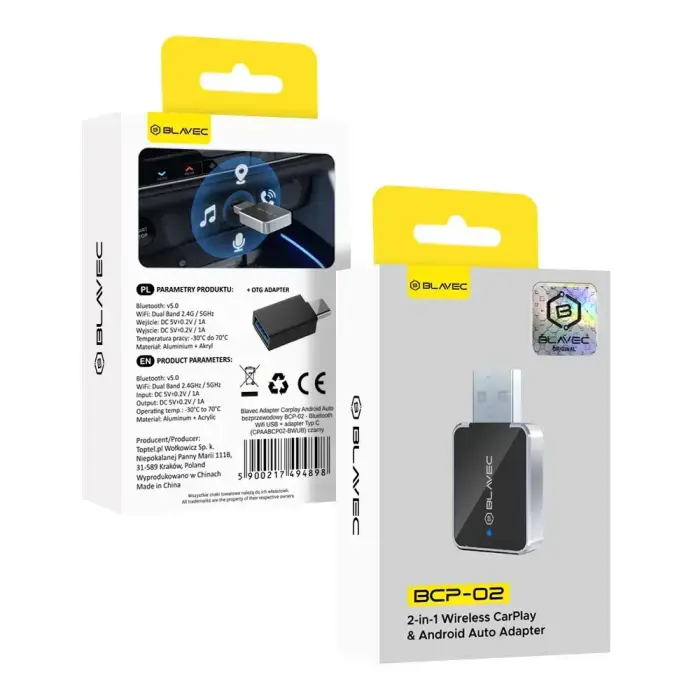 Blavec Adapter Carplay Android Auto bezprzewodowy BCP-02 - Bluetooth Wifi USB + adapter Typ C (CPAABCP02-BWUB) czarny Фото 4