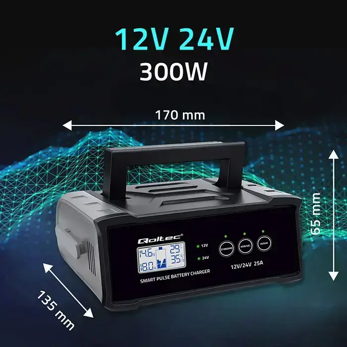 Qoltec Intelligent microprocessor charger 12V 24V 25A | Rectifier with repair function for AGM GEL SLA battery | LCD Фото 8