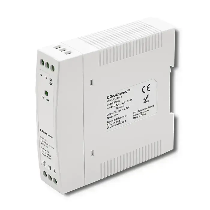 Qoltec DIN rail power supply | 10W | 12V | 0.83A | White | Slim Foto 6