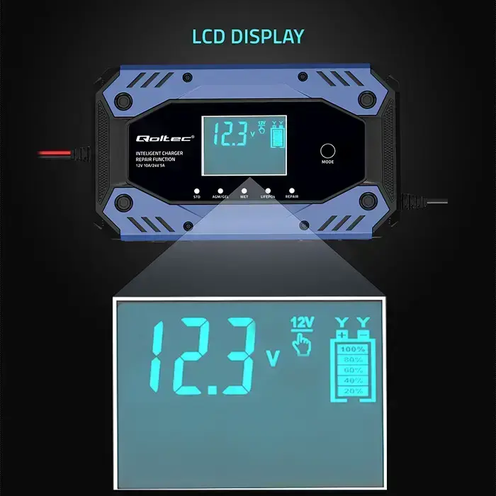 Qoltec Intelligent charger for STD AGM GEL LiFePO4 | Battery charger with repair function |12-24V |10A | LCD | 9 - stage charging Фото 4