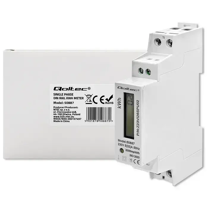 Qoltec Single-phase electronic energy meter | DIN rail | 230V | LCD | 1P | Slim Photo 6