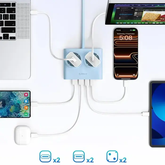 Orico PDC25 25W 6in1 Power Strip 2x AC + 2x USB-A + 2x USB-C - Blue Photo 6