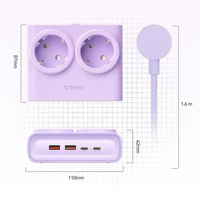 Orico PDC25 25W 6in1 Power Strip 2x AC + 2x USB-A + 2x USB-C - Purple Фото 5