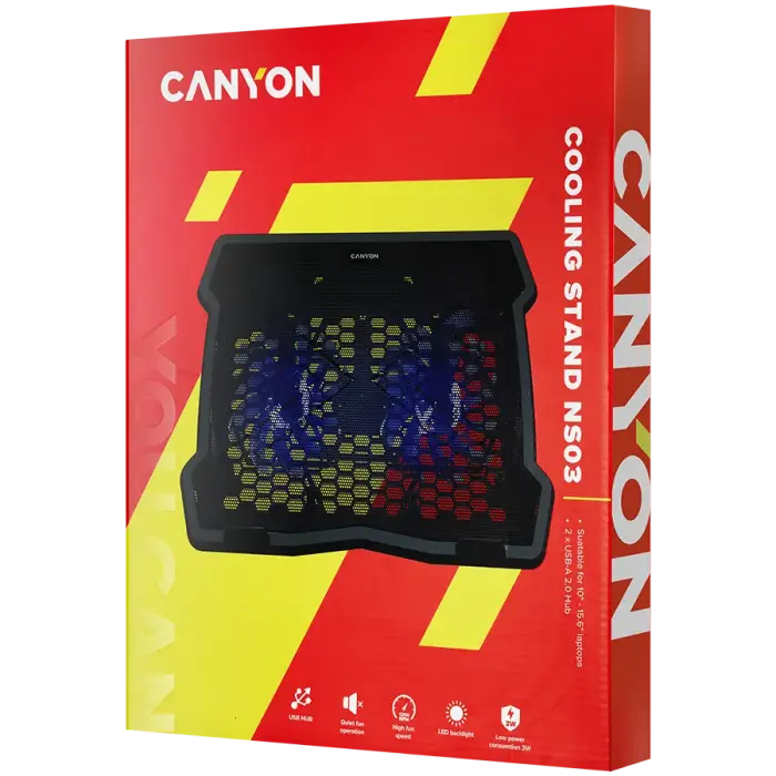 CANYON NS03, Cooling stand dual-fan with 2x2.0 USB hub, support up to 10”-15.6” laptop, ABS plastic and iron, Fans dimension:125*125*15mm(2pcs), DC 5V, fan speed: 800-1000RPM, size:340*265*30mm, 435g Photo 4