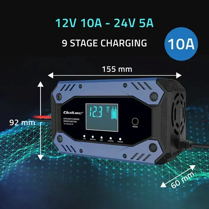 Qoltec Intelligent charger for STD AGM GEL LiFePO4 | Battery charger with repair function |12-24V |10A | LCD | 9 - stage charging Фото 8