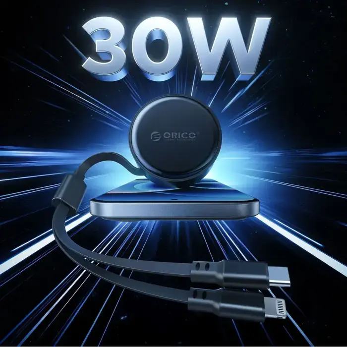 Orico Dual Stretch 60W USB-C Car Charger with Two Retractable USB-C + Lightning Cables - Black Foto 9