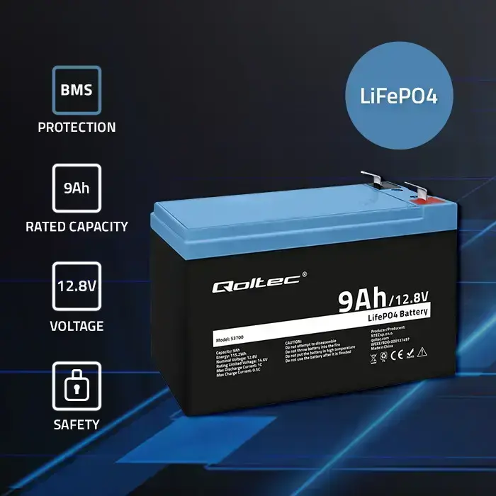 Qoltec LiFePO4 lithium iron phosphate battery | 12.8V | 9Ah | 115.2Wh | BMS Foto 2