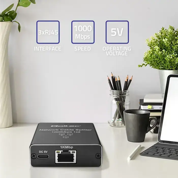 Qoltec Splitter mini SWITCH 1x2 port RJ45 | 1000Mbps | USB-C | Aluminium Photo 2
