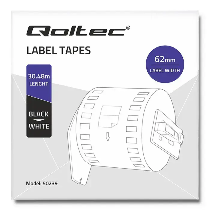 Qoltec Tape for BROTHER DK-22205 | 62mm x 30.48m | White / Black overprint | Roller with handle Photo 8