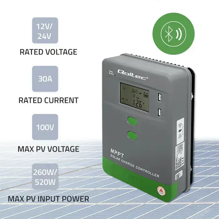 Qoltec Solar Charge Controller MPPT with Temperature Sensor 30A | 12V / 24V | LCD | 2 x USB | Bluetooth | APP | GEL | LiFePO4 Foto 2