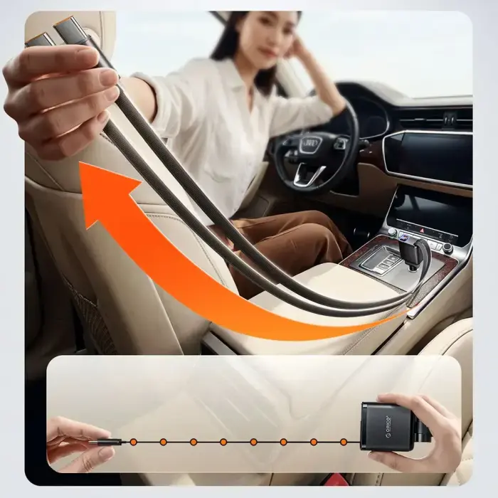 Orico Twin Reach 45W USB-A + USB-C Car Charger with Two Retractable USB-C Cables - Black Foto 5