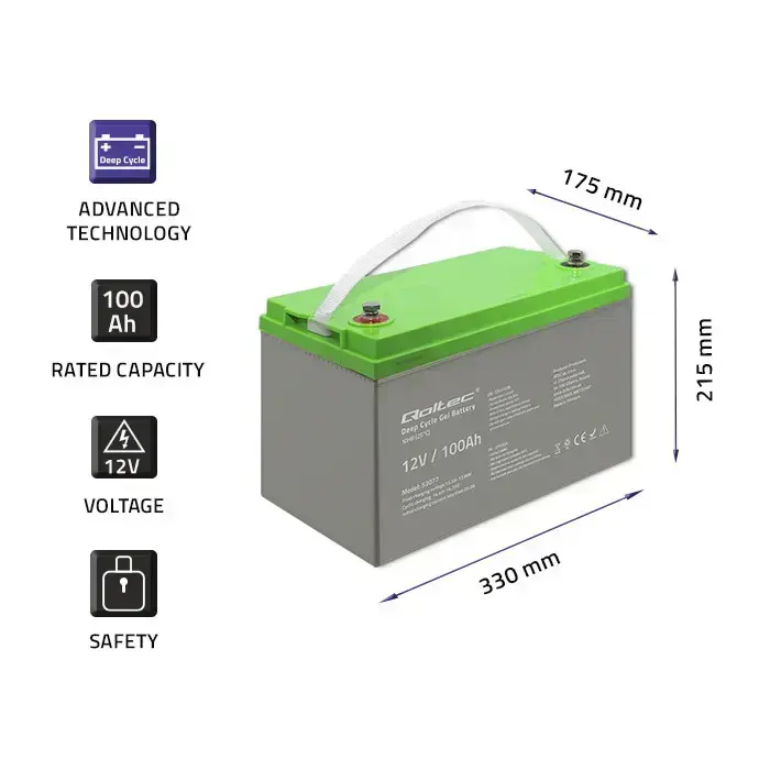 Qoltec Deep Cycle Gel Battery | 12V | 100Ah | 30.5kg | Maintenance-free | Professional | LongLife | PV, UPS, camper Foto 3
