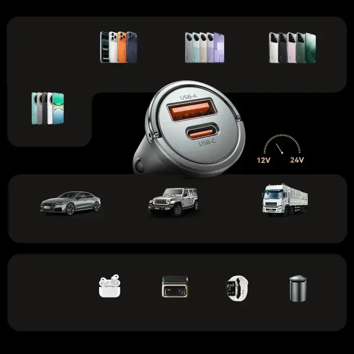 Orico MiniRing Pro 45W USB-A + USB-C Car Charger - Silver Foto 7