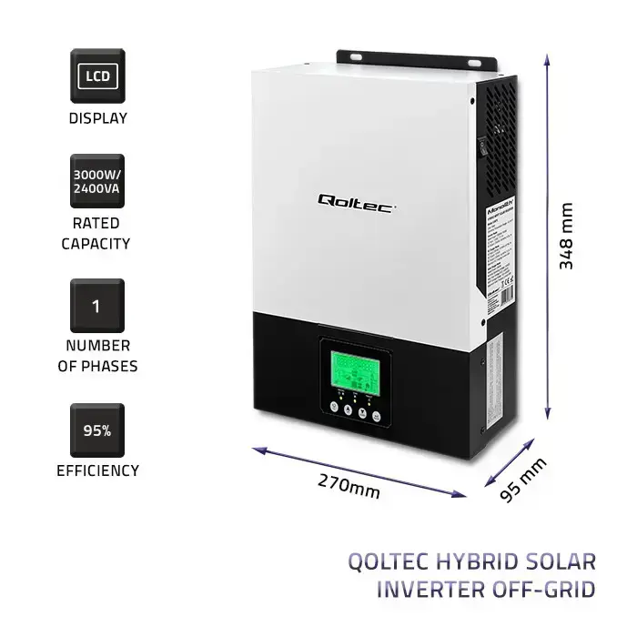 Qoltec Hybrid Solar Inverter Off-Grid 3kVA | 2.4kW | 80A | MPPT | AGM GEL | Sinus Фото 3