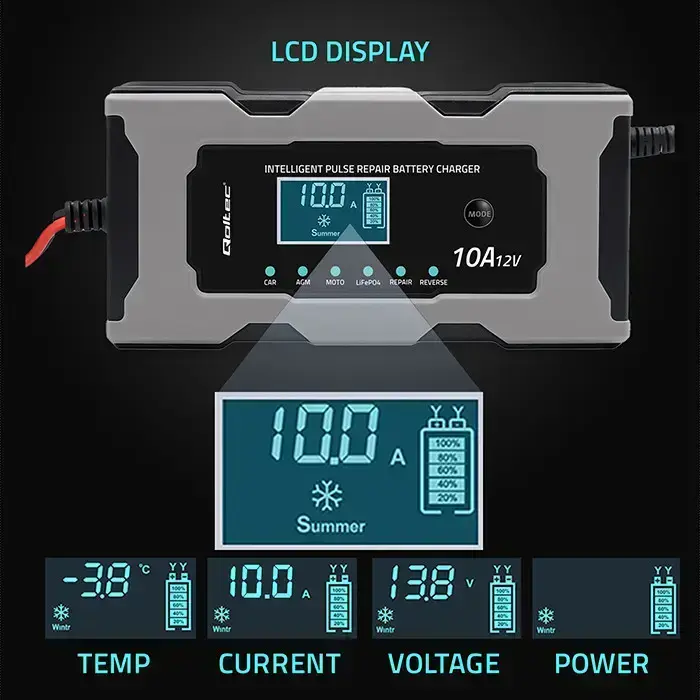 Qoltec Intelligent microprocessor charger 12V 10A | Rectifier with repair function for AGM GEL LiFePO4 battery | LCD Photo 4