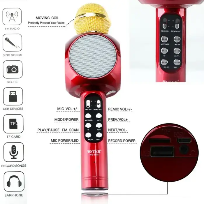 Goodbuy LED 360 караоке микрофон с динамиком bluetooth | 5 Вт | aux | голосовой модулятор | USB | Micro SD красный Фото 2