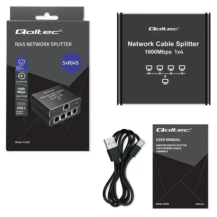 Qoltec Splitter Ethernet mini SWITCH 1x4 RJ45 | 1000Mb/s | USB-C | Aluminium Фото 14