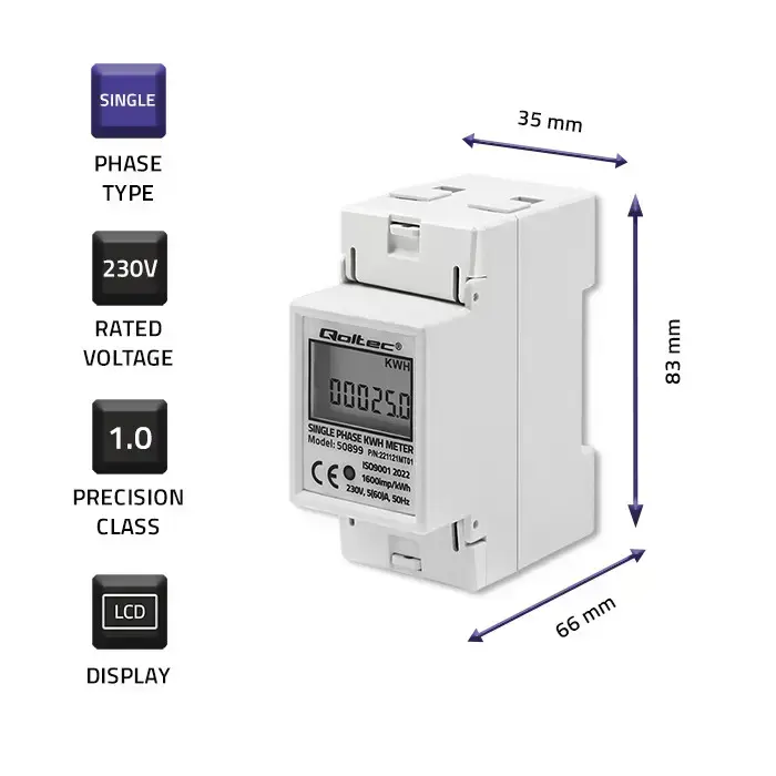 Qoltec Single phase electronic energy consumption meter | 230 V | LCD | 2P | DIN rail Foto 3