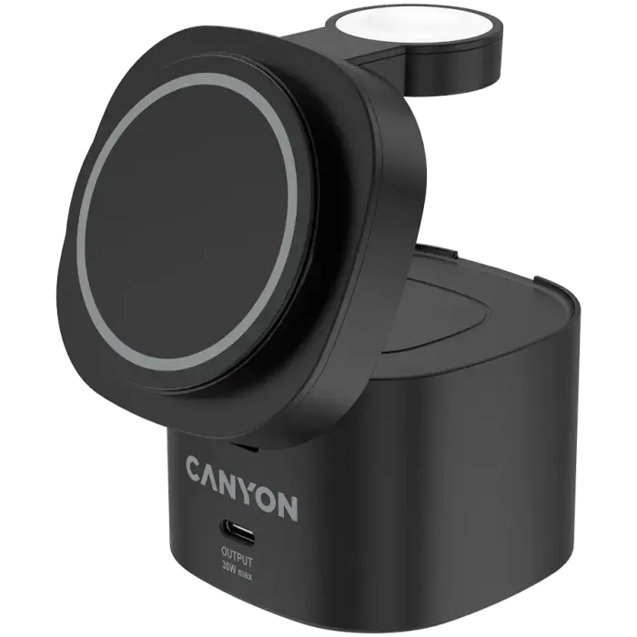 Canyon 4 in 1 Wireless Charging Stand, 30W max, Size: 70x70x70.3mm, weight: 414g, with 65W charger and 1M cable, black Foto 2