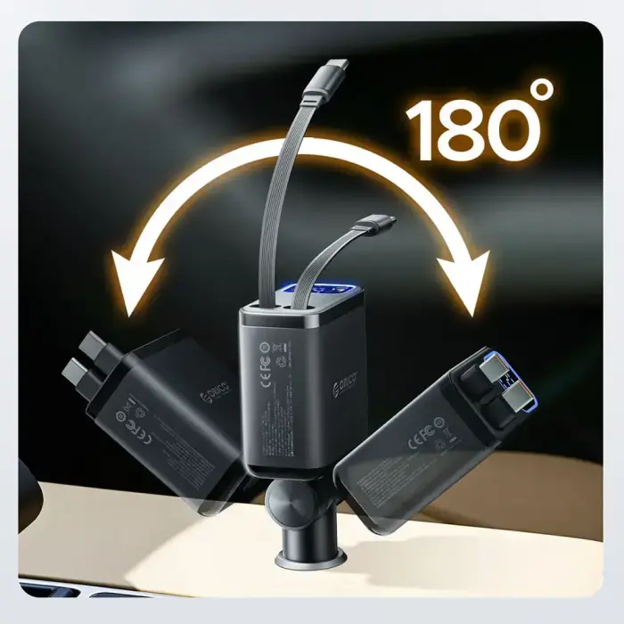 Orico Twin Reach 45W USB-A + USB-C Car Charger with Two Retractable USB-C Cables - Black Foto 6
