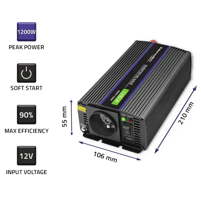 Qoltec Monolith voltage converter 1200 MS Wave |12V to 230V | 600/1200W | USB Photo 4
