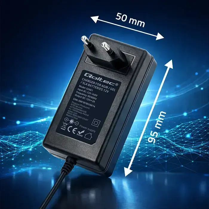 Qoltec Automatic charger for AGM GEL STD batteries | 12V charger | 2A | 24W | 5.5x2.1 | 1.8m cable Photo 7