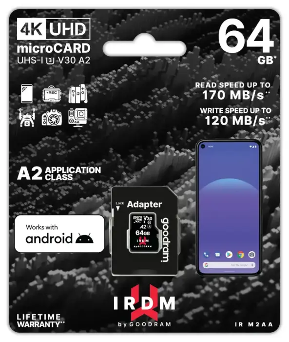 GOODRAM Memory MicroSD Card IRDM - 64GB with adapter UHS I U3 V30 A2 170MB/s Фото 3