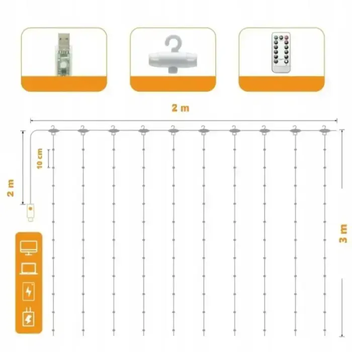 LED CURTAIN (100 LED LAMPS) 3Mx1M WITHOUT PENDANT WARM WHITE Foto 2