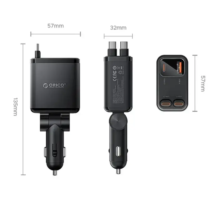 Orico Twin Reach 45W USB-A + USB-C Car Charger with Two Retractable USB-C Cables - Black Foto 2
