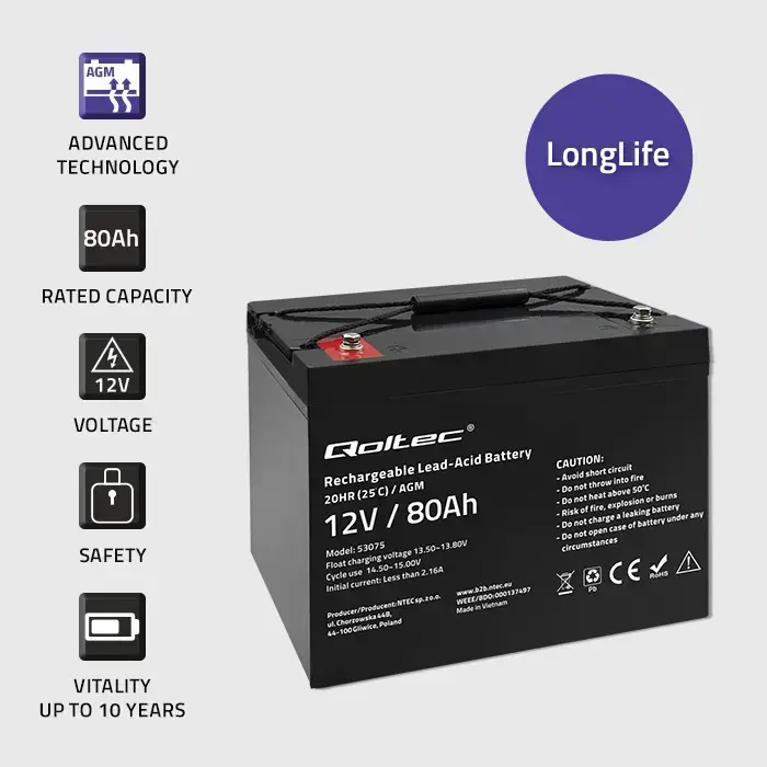 Qoltec AGM battery | 12V | 80Ah | 23.5kg | Maintenance-free | Strong | LongLife | for UPS, RV, boat, heater Фото 3