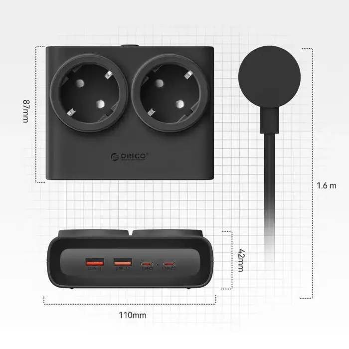 Orico PDC25 25W 6in1 Power Strip 2x AC + 2x USB-A + 2x USB-C - Black Фото 5
