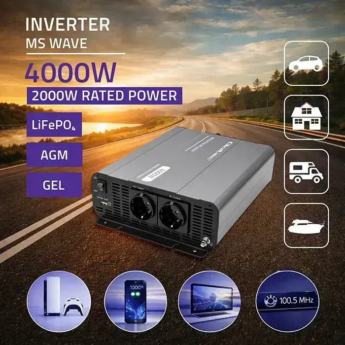Qoltec MS Wave Voltage Converter | 12V to 230V | 2000/4000W | USB | Compatible with LiFePO4, GEL and AGM batteries Photo 2